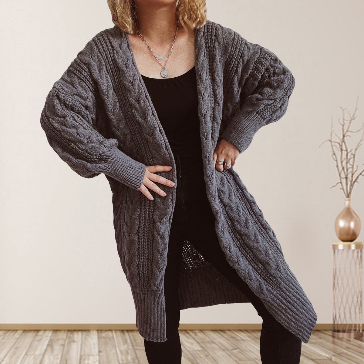 Cable-Knit Open Front Dropped Shoulder Cardigan.