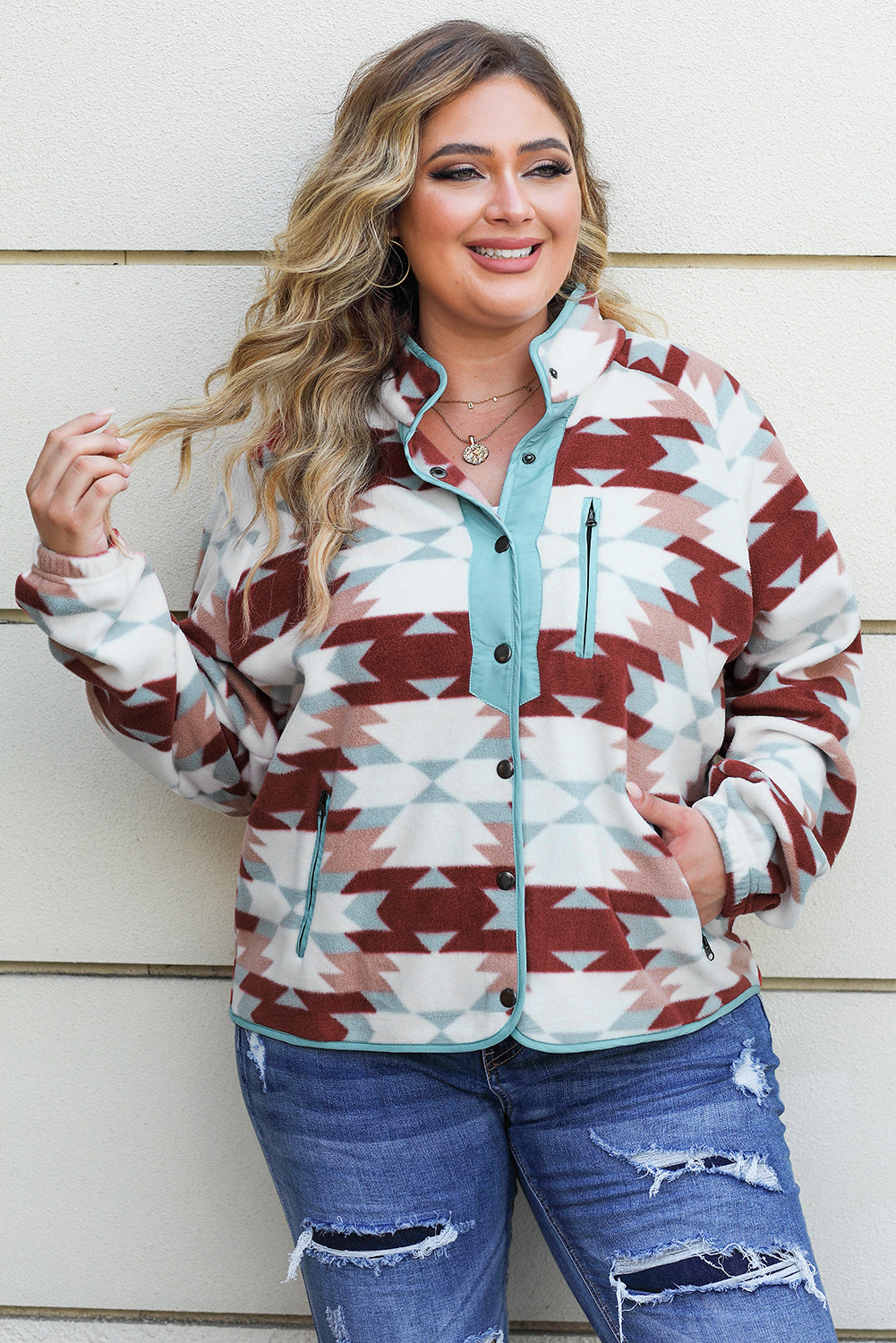 Cozy chic fiery red Aztec fleece jacket for plus sizes