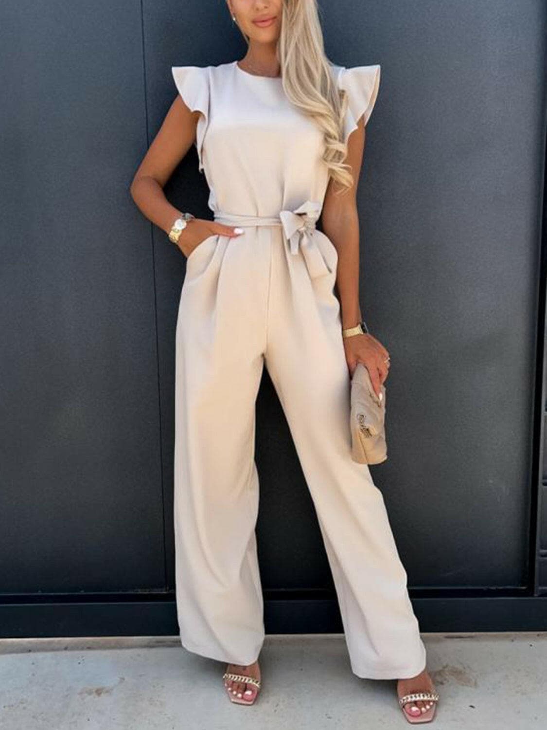 Ruffled Round Neck Cap Sleeve Jumpsuit.