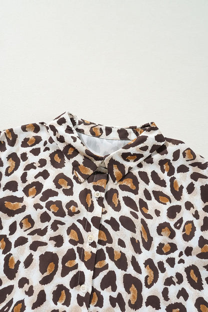 Khaki Plus Size V-Neck Leopard Print Button-Up Shirt