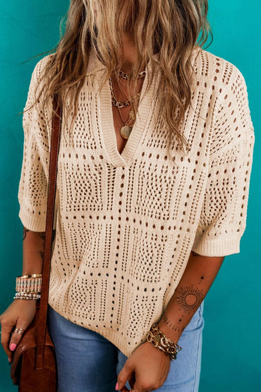 Openwork Johnny Collar Half Sleeve Knit Top.