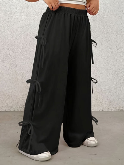 Chic Plus Size Wide Leg Pants with Bow and Elastic Waistband