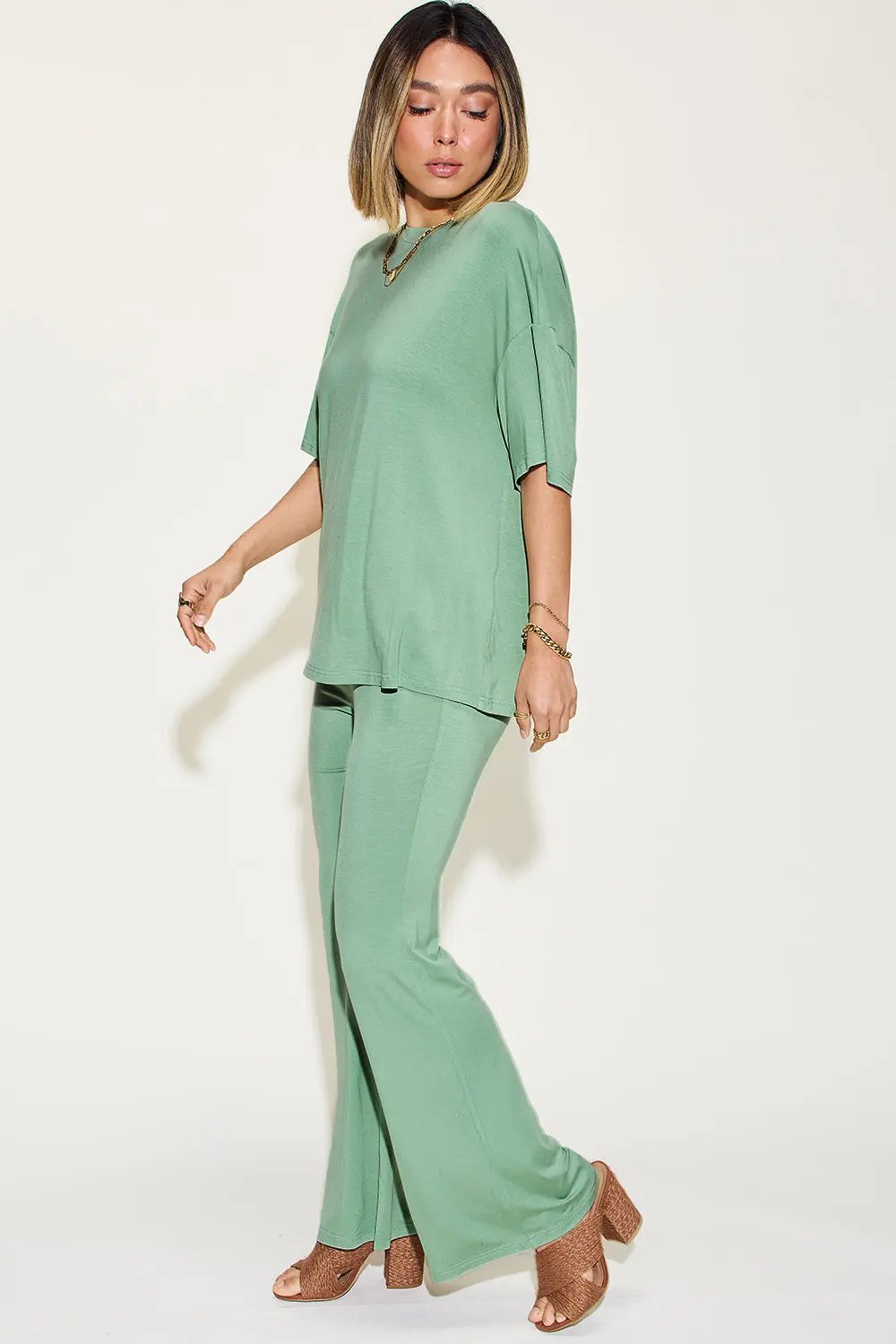 Basic Bae Full Size Bamboo Drop Shoulder T-Shirt and Flare Pants Set - Love Salve