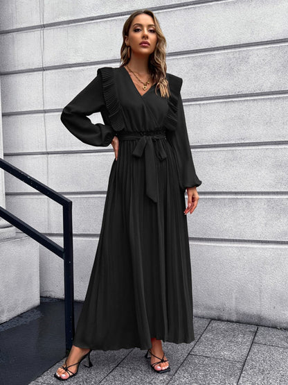 Pleated Surplice Tie Waist Maxi Dress.