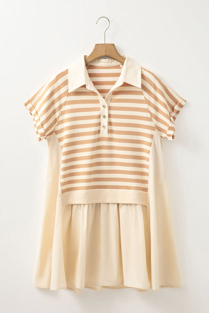 Khaki Striped Collared Cap Sleeve Patchwork Mini Dress with Two-in-One Design