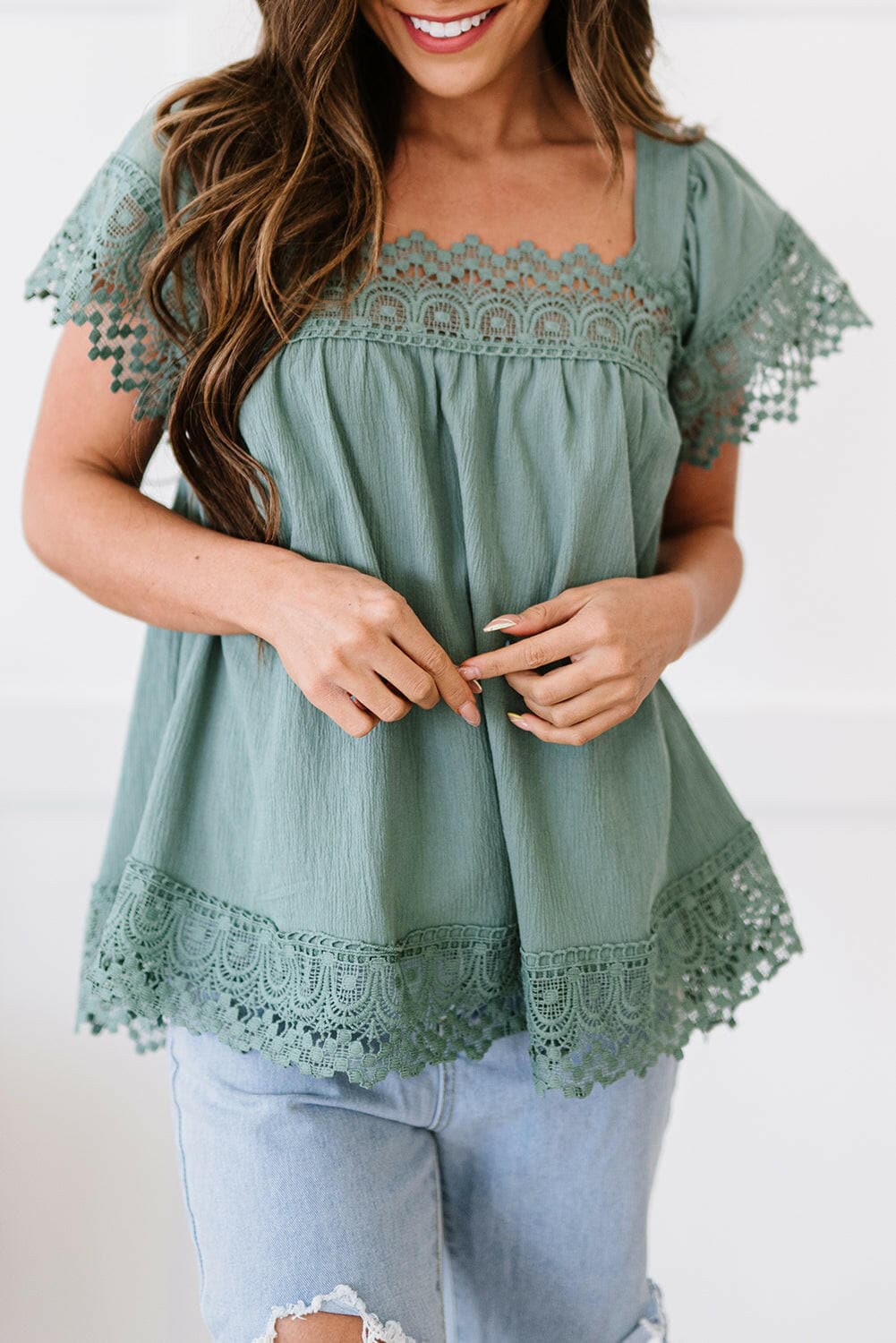 Lace Detail Square Neck Short Sleeve Blouse.