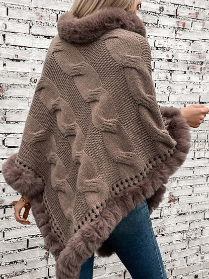 Cozy Cable-Knit Fuzzy Hem Poncho