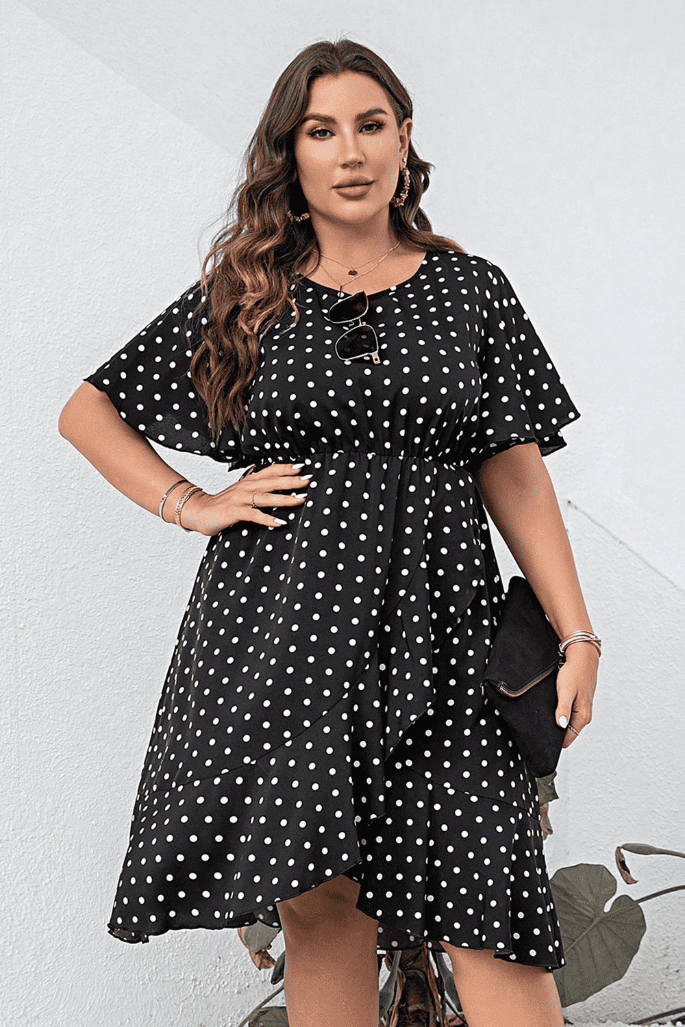 Plus Size Polka Dot Flutter Sleeve Dress.