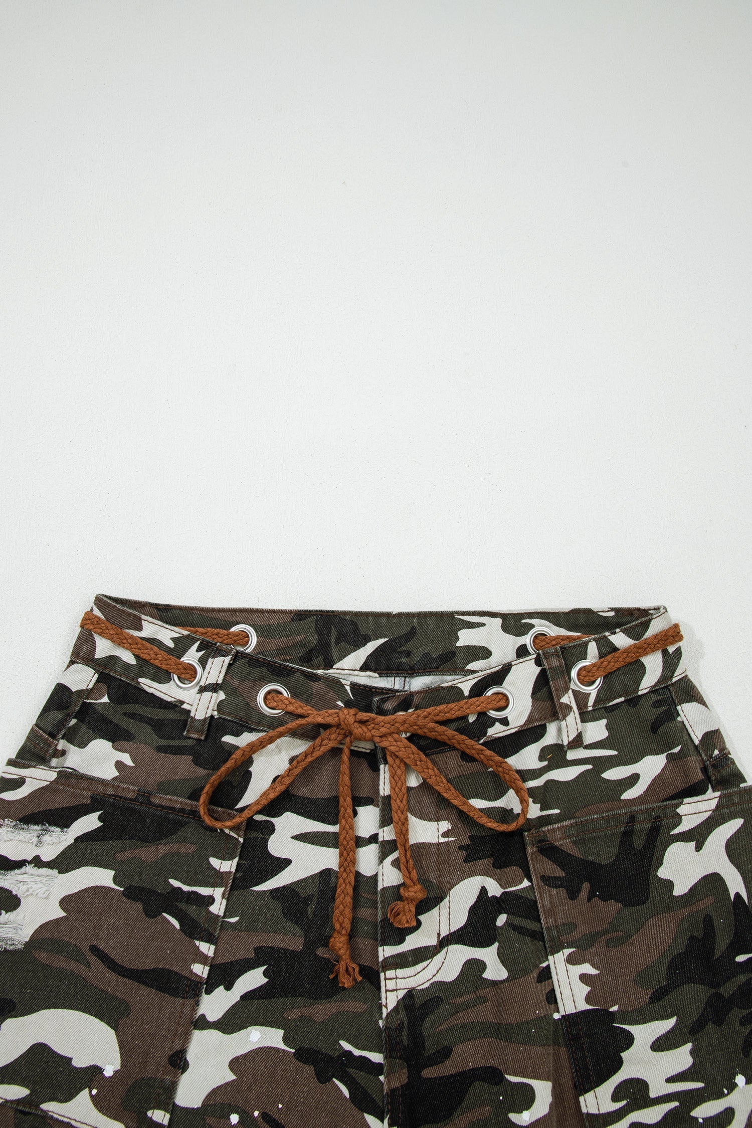 Green Camouflage Print Distressed Loose Denim Pants With Splash Design Dear-Lover Dropshipping