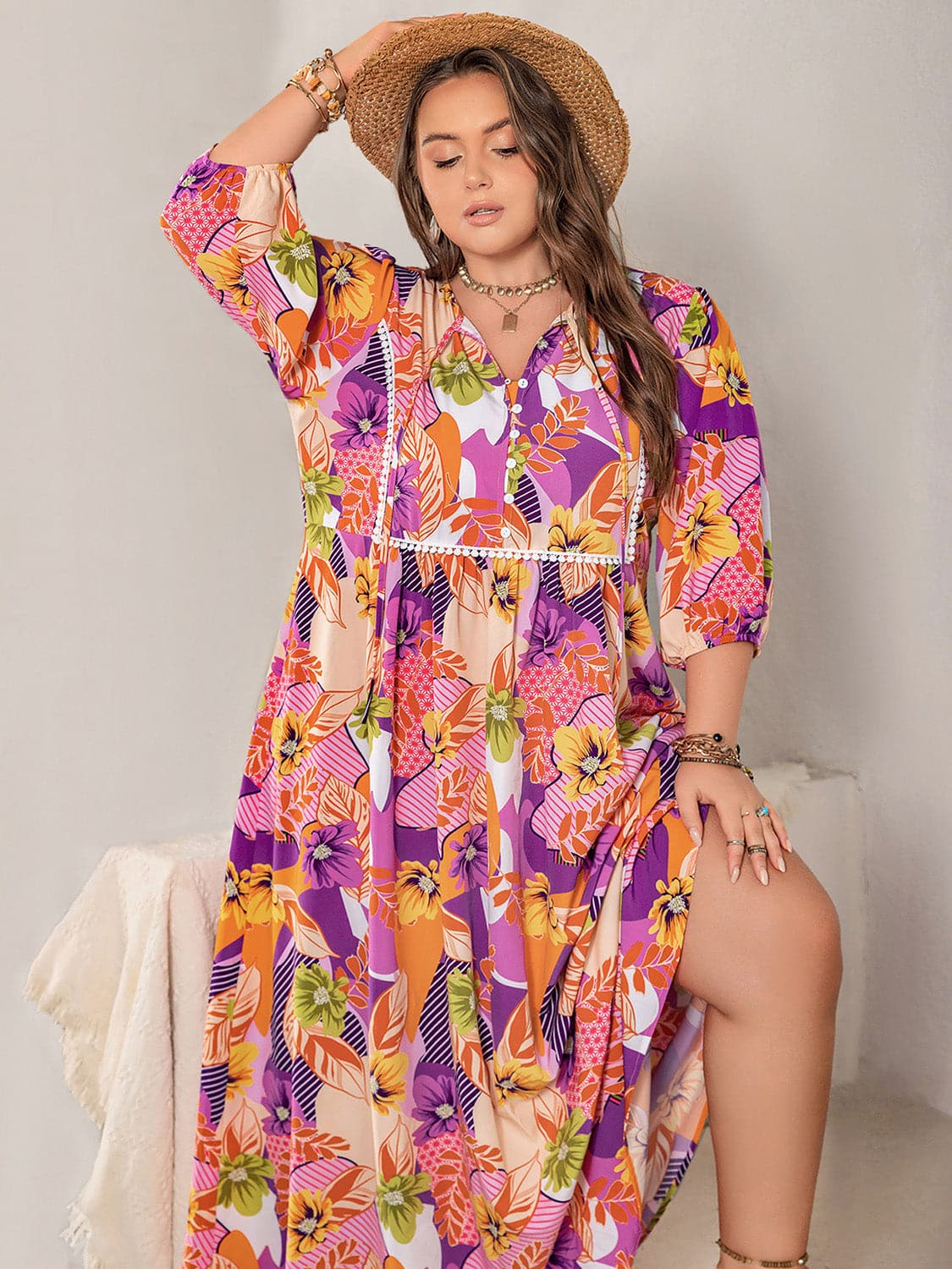 Plus Size Printed Tie Neck Maxi Dress.