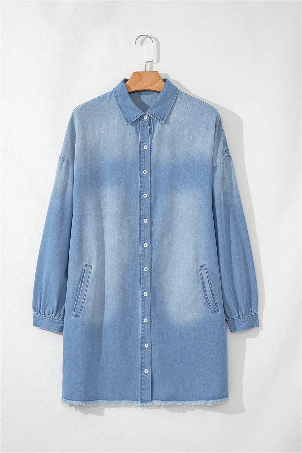 Chic Beau Blue Denim Shirt Dress with Frayed Hem