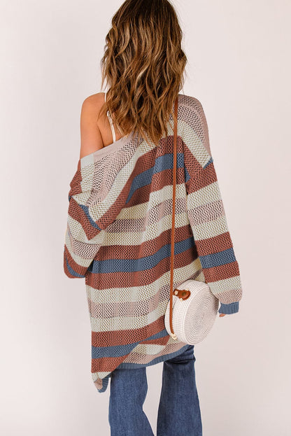 Full Size Striped Long Sleeve Openwork Cardigan.