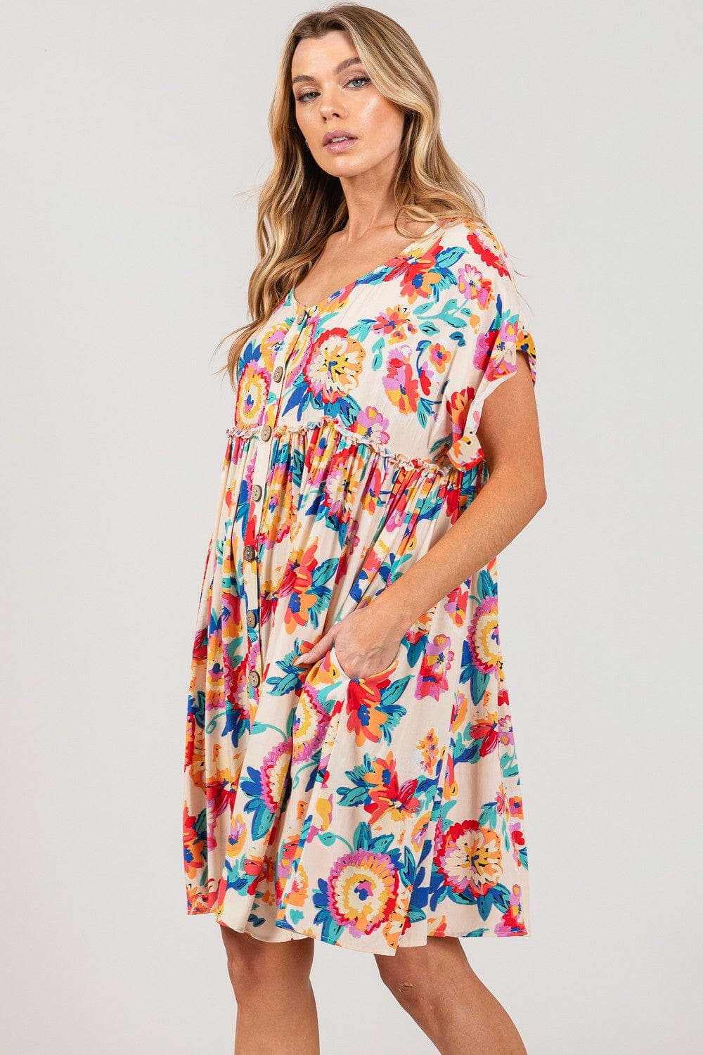 SAGE + FIG Full Size Floral Button-Down Short Sleeve Dress.