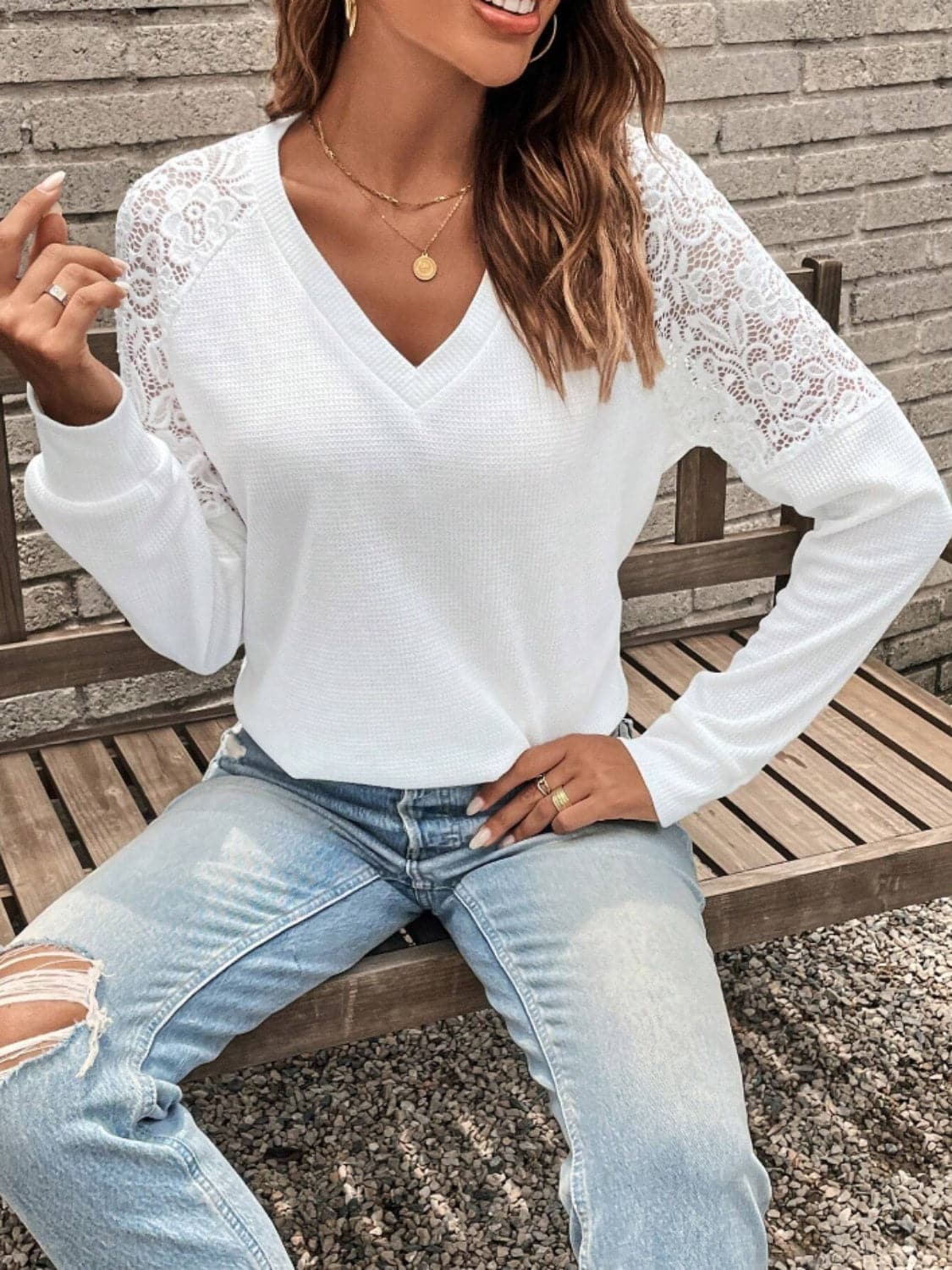 Lace v-neck long sleeve top