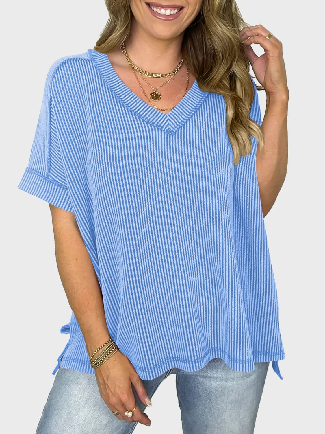 Lovelet Texture V-Neck Half Sleeve T-Shirt