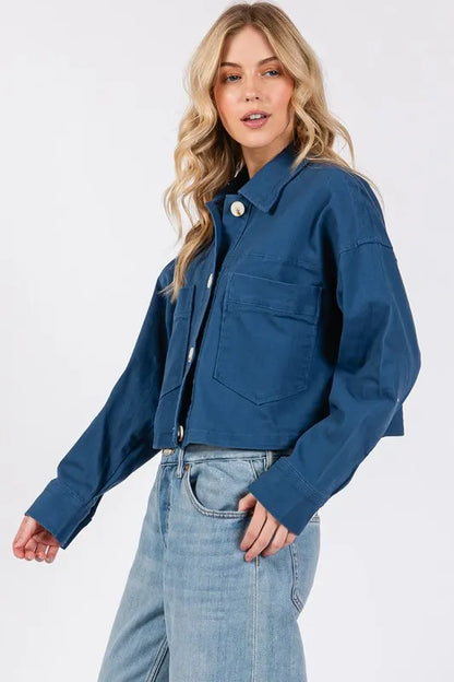 Bytos Button Down Cropped Denim Jacket With Patch Pockets - Love Salve 