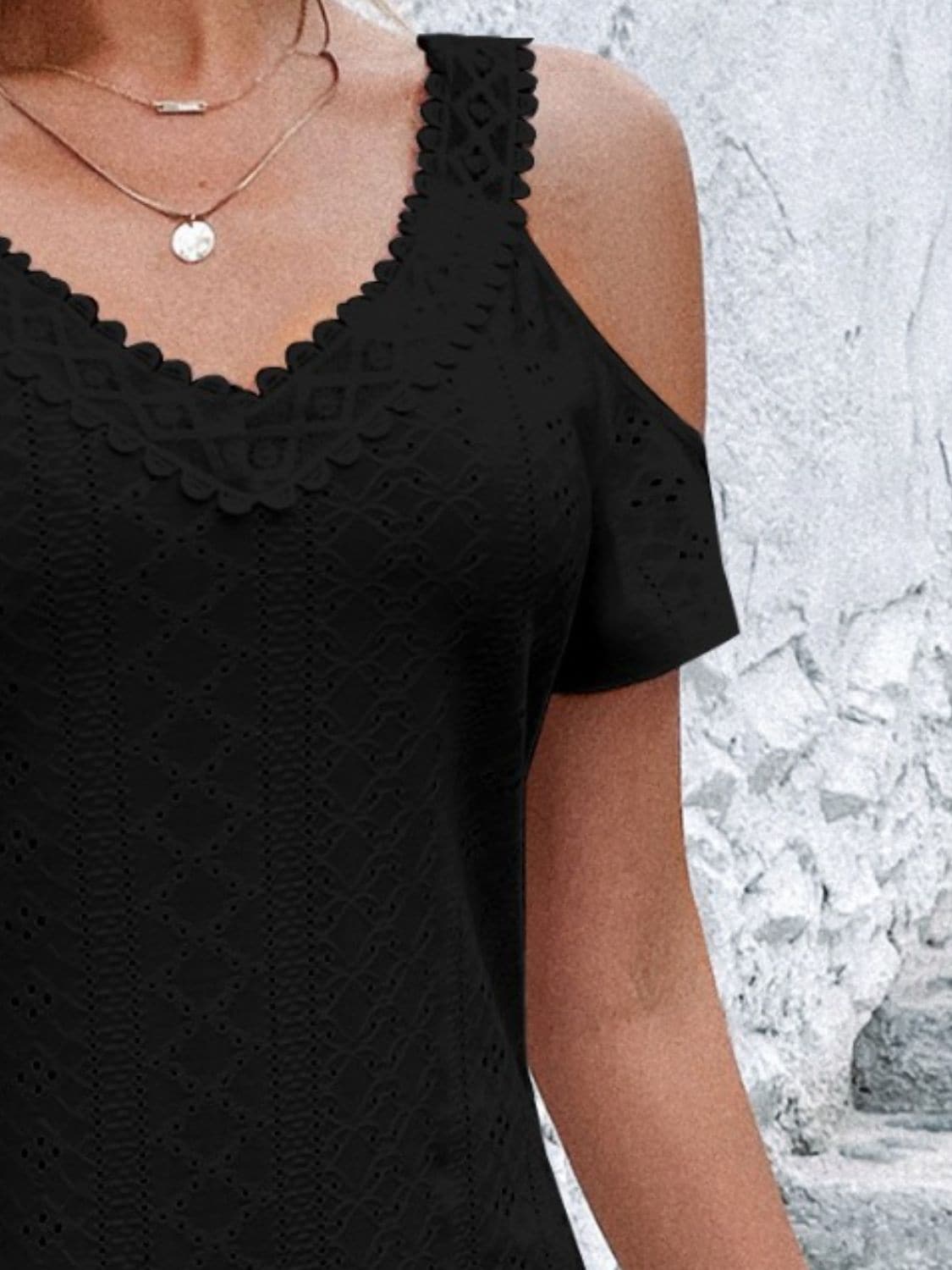 Eyelet V-Neck Cold Shoulder Mini Dress.