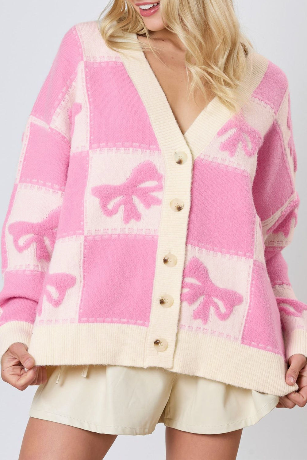 Pink Checkered V-Neck Cardigan with Bow Knot and Drop Shoulder Design