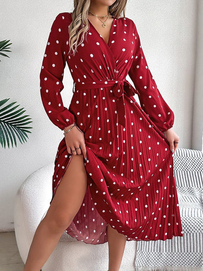 Tied Polka Dot Long Sleeve Midi Dress.