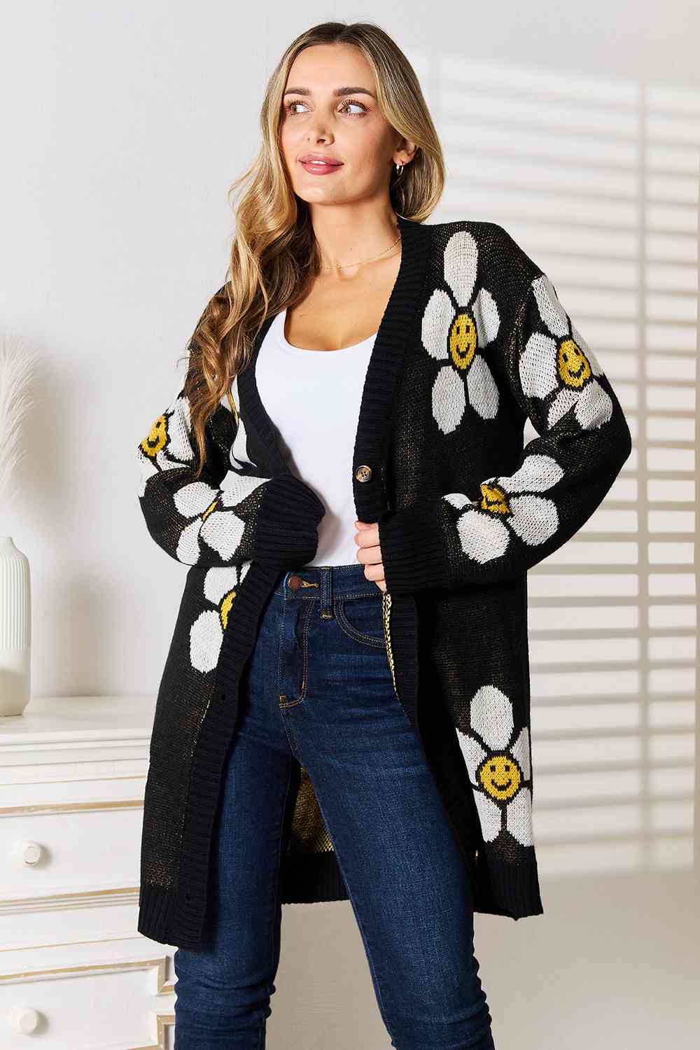 Double Take Floral Button Down Longline Cardigan - Love Salve