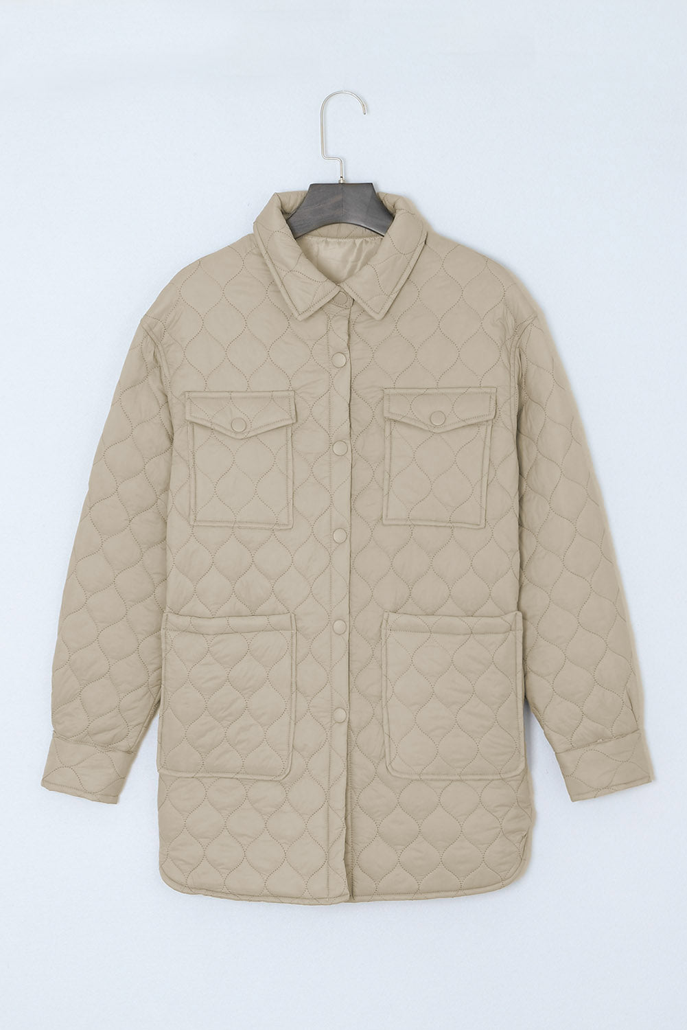 Beige 4 Big Pockets Quilted Button Down Puffer Coat