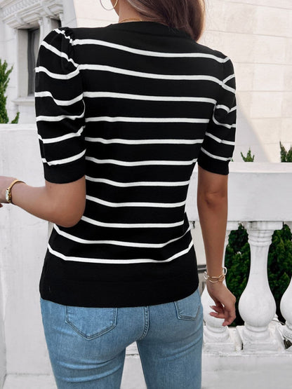 Striped Round Neck Puff Sleeve Knit Top.