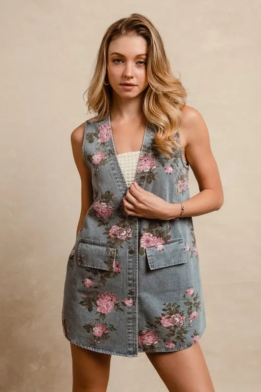 BiBi Floral Print Washed Denim Long Rider Vest - Love Salve 