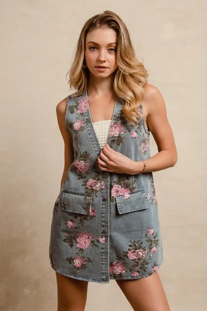 BiBi Floral Print Washed Denim Long Rider Vest - Love Salve 