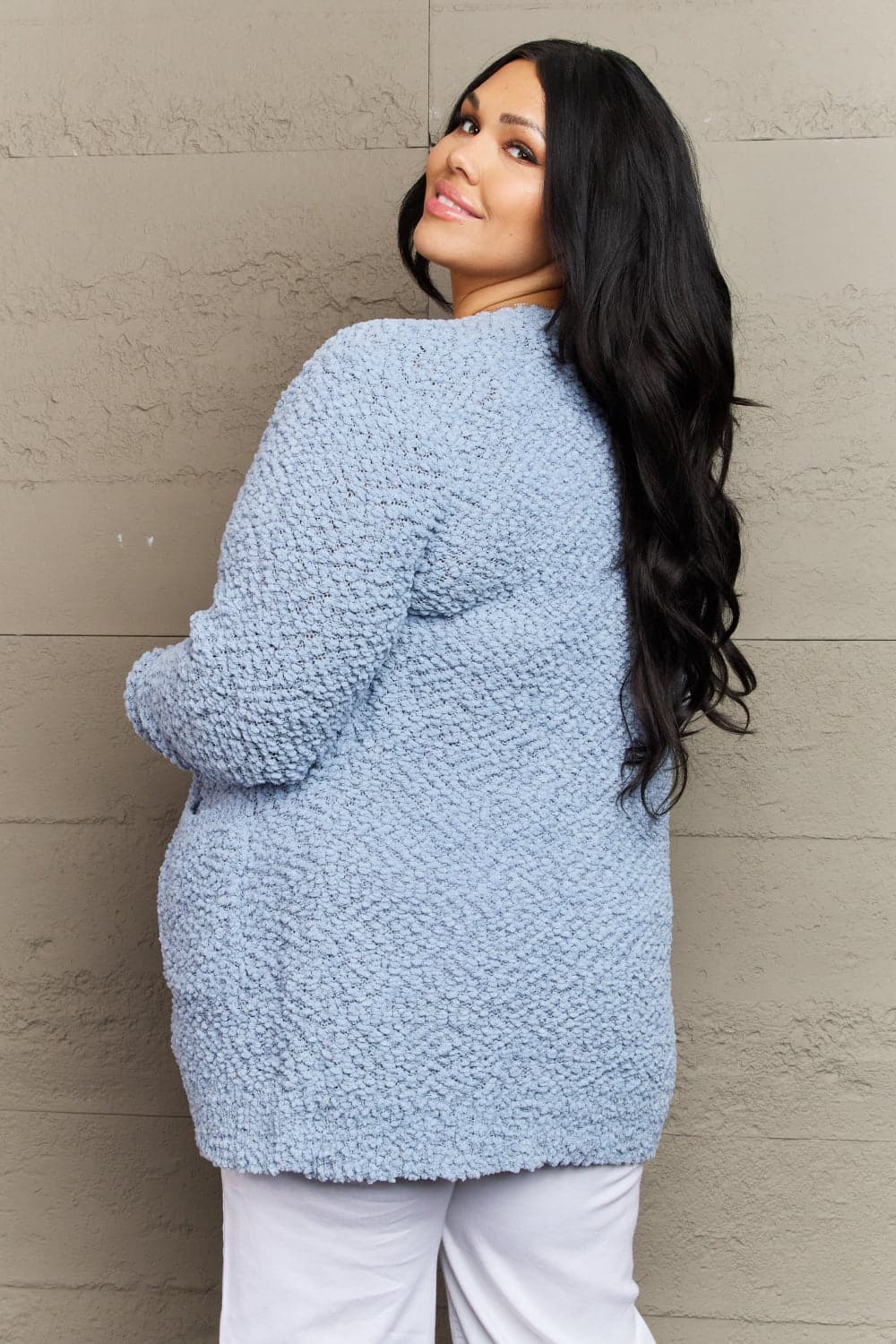 Zenana Falling For You Full Size Open Front Popcorn Cardigan.