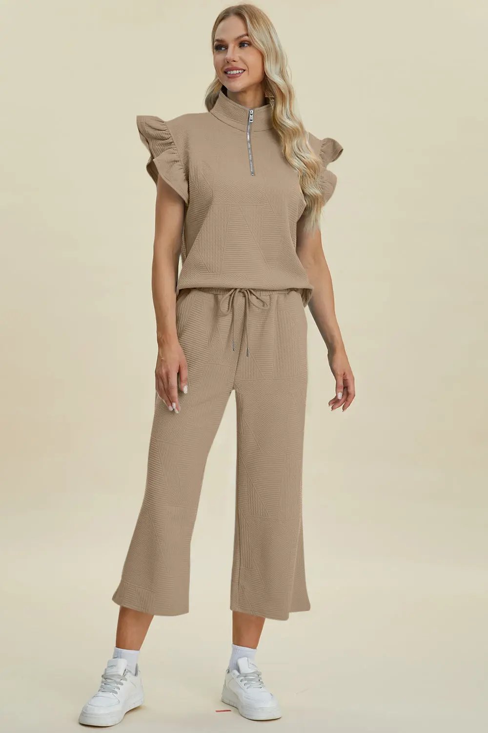 Double Take Full Size Texture Ruffle Short Sleeve Top and Wide Leg Pants Set - Love Salve