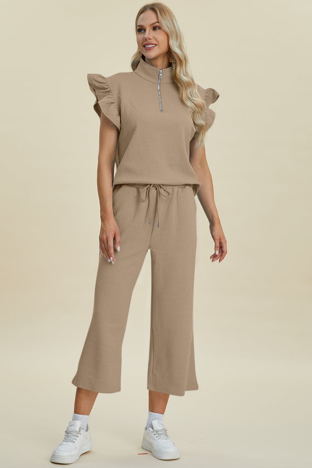 Double Take Full Size Texture Ruffle Short Sleeve Top and Wide Leg Pants Set.