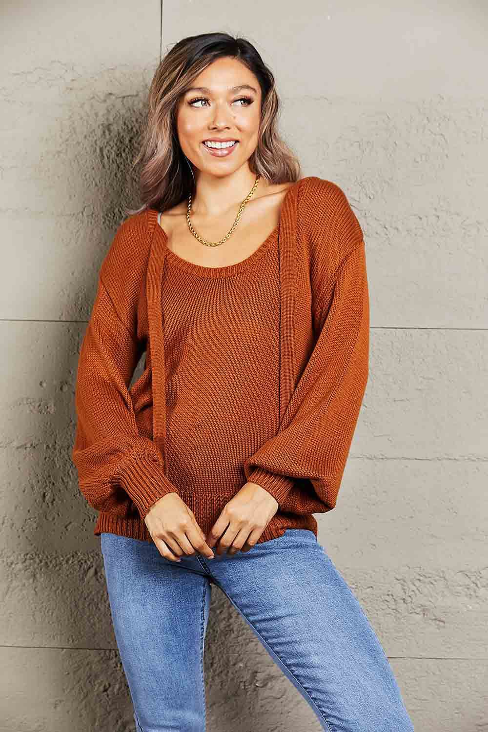 Double Take Tied Balloon Sleeve Round Neck Sweater.