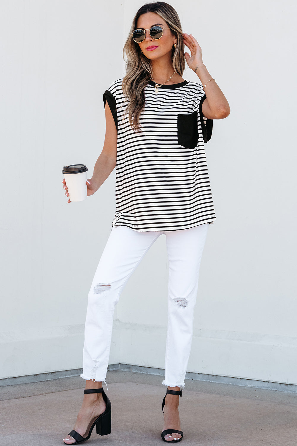 Black Stripe Chest Pocket Patch Round Neck Tank Top for Women