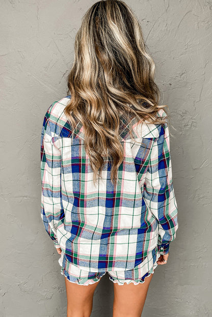 Chic blue plaid lounge set with long sleeve shirt and shorts