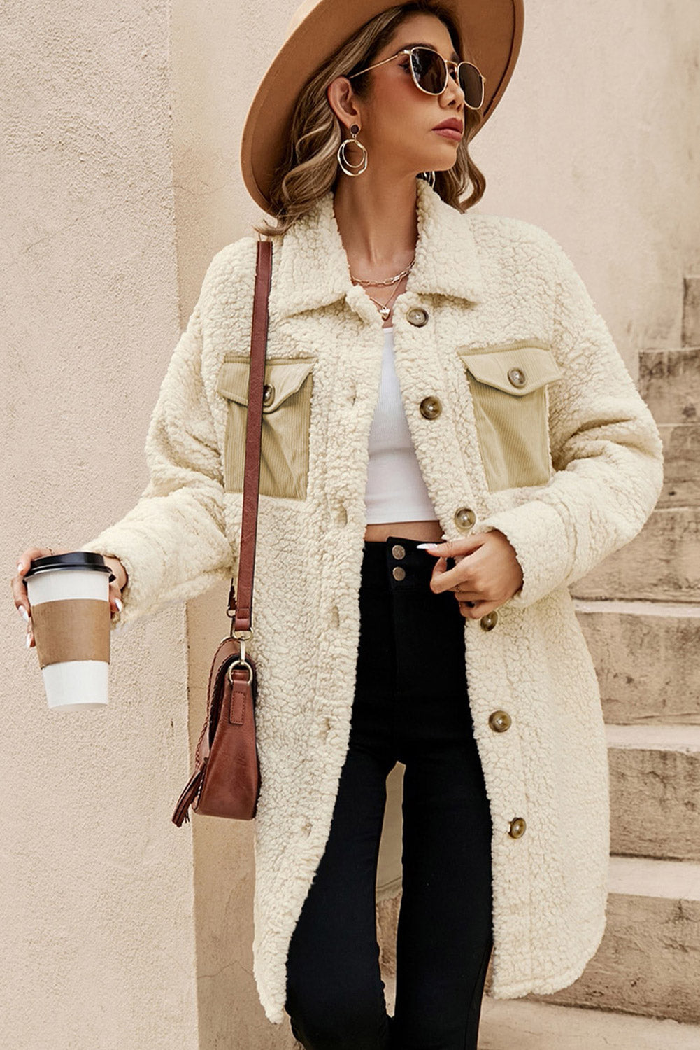 Beige Teddy Coat with Contrast Flap Pockets and Single Breasted Design