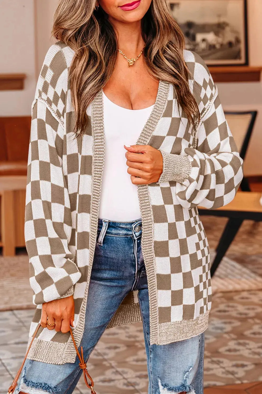 Checkerboard Print Open Front Knit Cardigan Simply Love