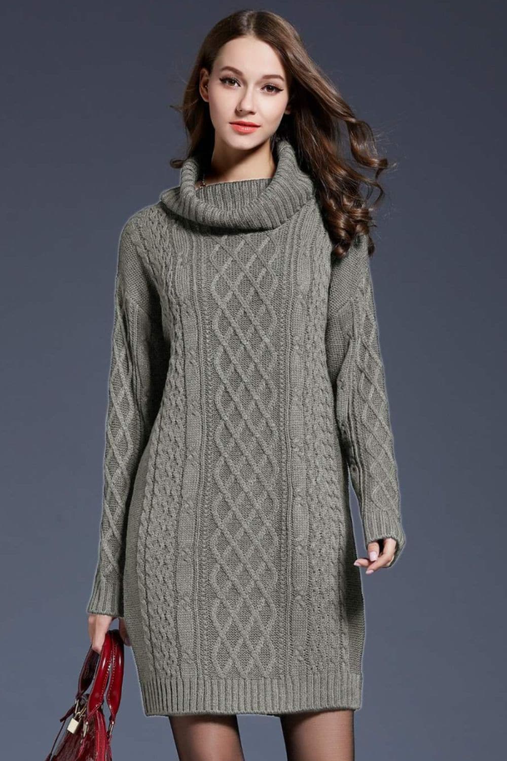 Woven Right Full Size Mixed Knit Cowl Neck Dropped Shoulder Sweater Dress.