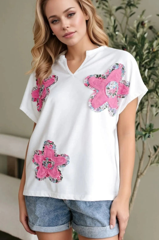 Floral Applique Notched Dolman Sleeve Top Simply Love