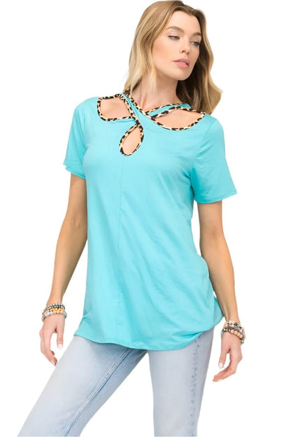 Celeste Full Size Crisscross Cutout Leopard Contrast Trim T-Shirt.