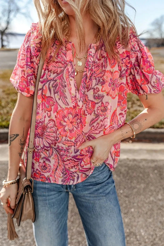 Floral Print Ruffled Puff Short Sleeve Blouse Simply Love