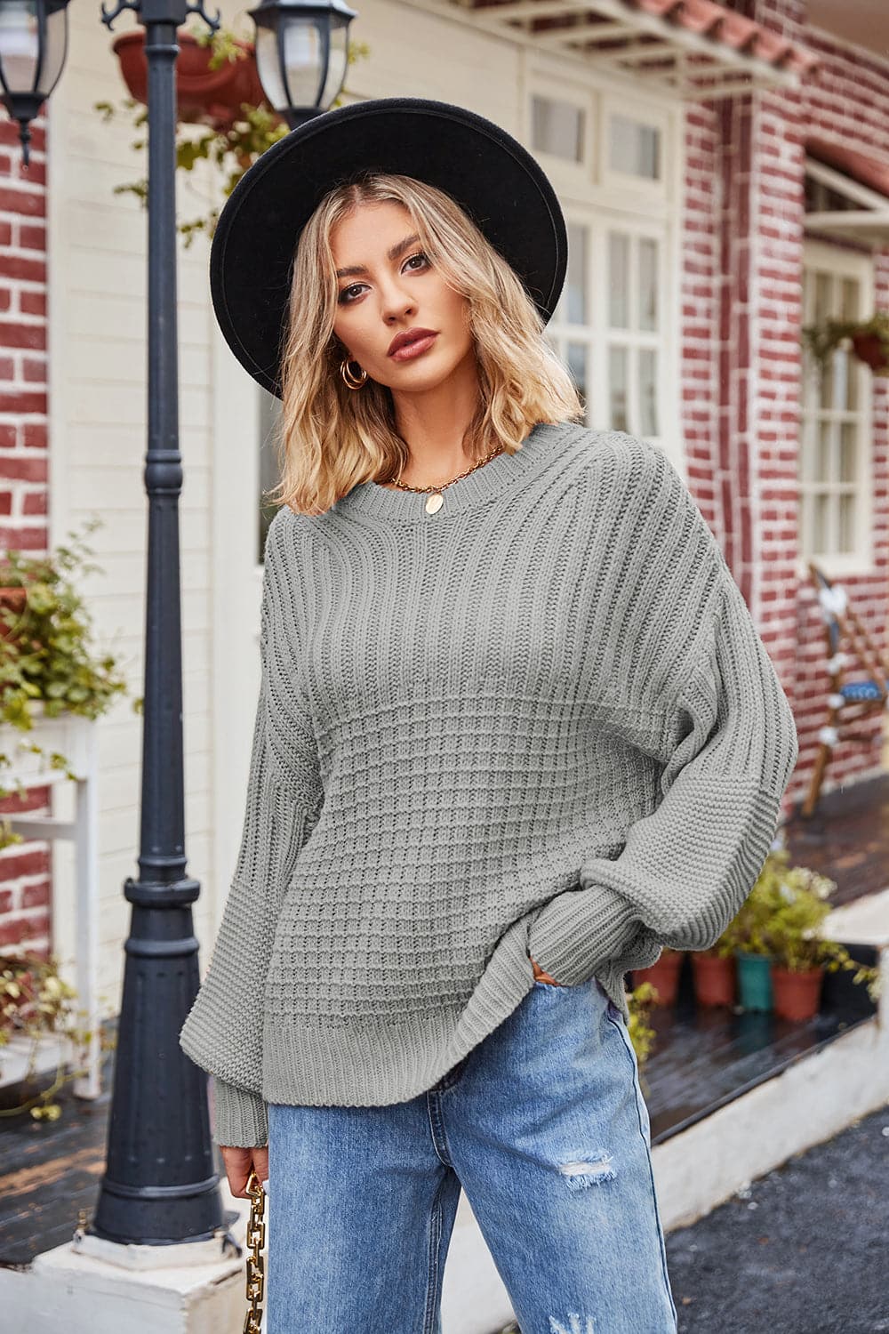 Ribbed Drop Shoulder Lantern Sleeve Sweater.