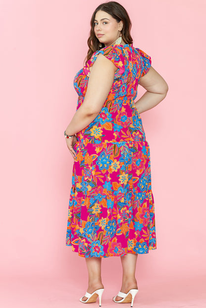 Vibrant red floral ruffled plus size maxi dress