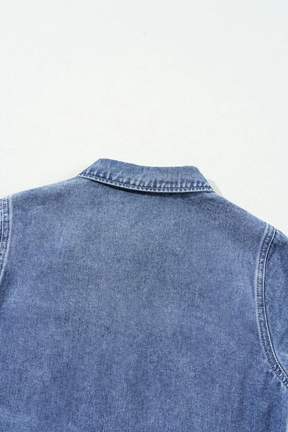 Chest Pocket Front Buttoned Folded Edge Denim Short Sleeve Romper