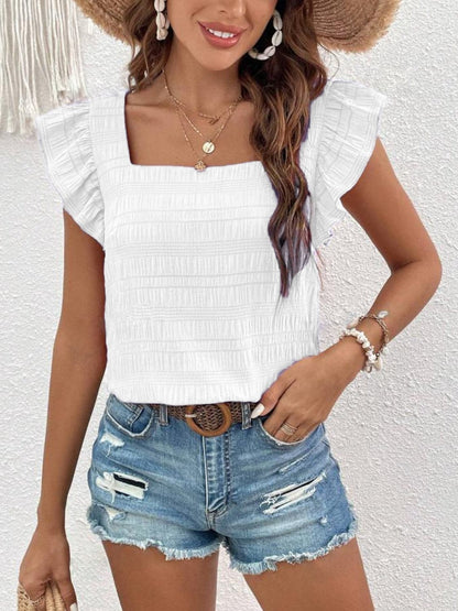 Ruffled Square Neck Cap Sleeve Blouse.