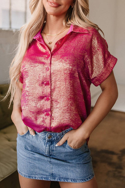 Rose Red Metallic Sheen Short Sleeve Buttoned Front Shirt