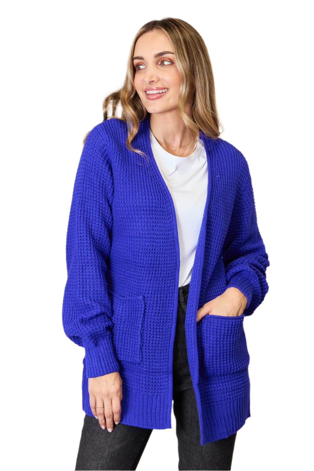 Zenana Full Size Waffle-Knit Open Front Cardigan.