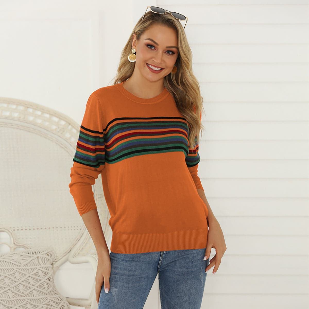 Striped Round Neck Long Sleeve Sweater.