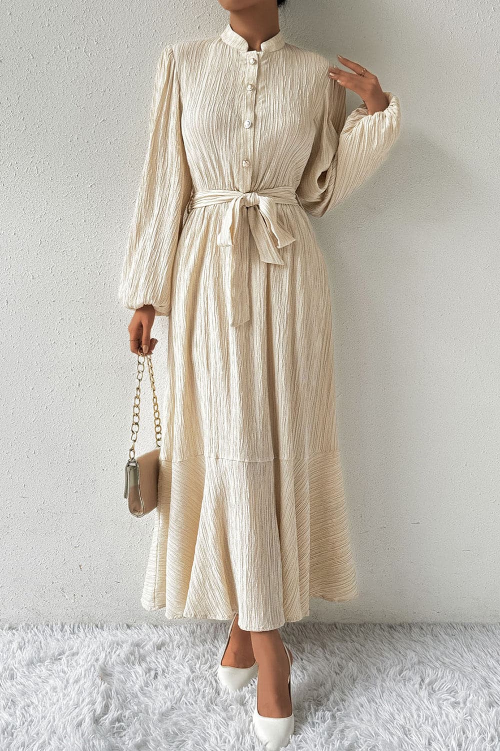 Tied Button Up Balloon Sleeve Dress.