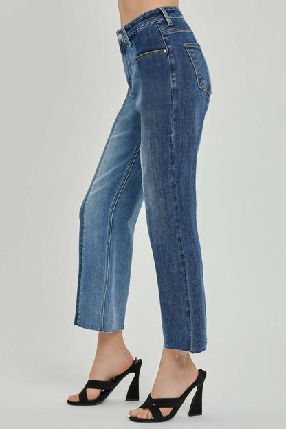 RISEN Full Size Mid-Rise Waist Two-Tones Jeans with Pockets.