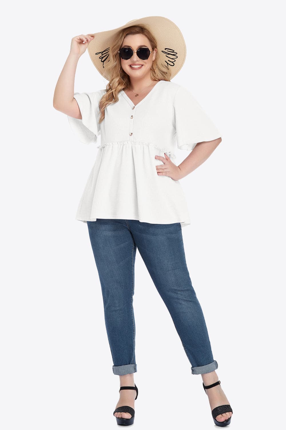 Plus Size Buttoned V-Neck Frill Trim Babydoll Blouse.